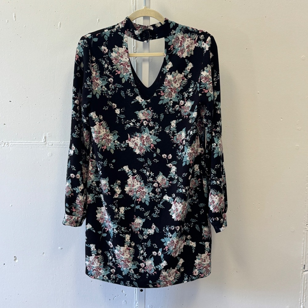 WAYF Floral Mock Neck Cutout Long Sleeve Shift Mini Dress Small Black Romantic
